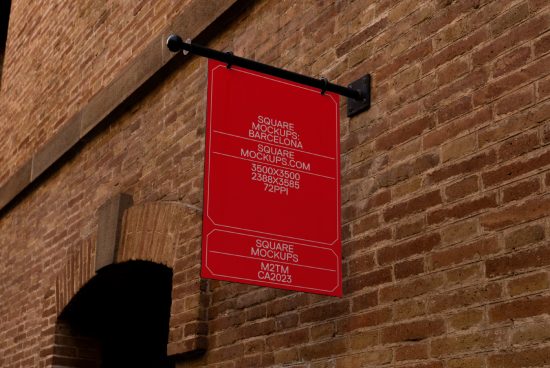 Square banner mockup hanging on a brick wall, outdoor signboard for display graphics design presentation, realistic mockup template.
